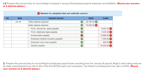 1.2 Prepare the journal entry to record Regis Companys January 8 (employee) payroll expenses and liabilities. (Round your an