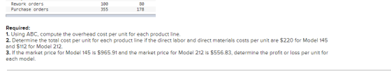 Rework orders Purchase orders 100 355 80 178 Required: 1. Using ABC, compute the overhead cost per unit for each product line
