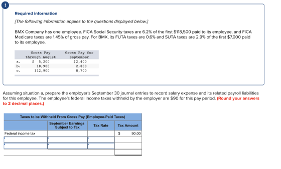 Required information (The following information applies to the questions displayed below.) BMX Company has one employee. FICA