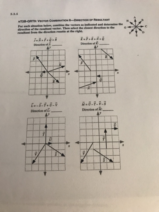2.2.5 NT2B-QRT9: VECTOR COMBINATION I-DIRECTION OP RESULTANT For each situation below, combine the direction of the resultant vector. Then select the closest direction to the resultant from the direction rosette at the right. vectors as indicated and determine the MaU-T-V-S Direction of M: Direction of L: