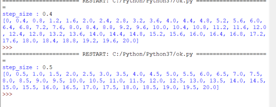 RESTARI. Eycпor. FYLho = step size : 0.4 [0, 0.4, 0.8, 1.2, 1.6, 2.0, 2.4, 2.8, 3.2, 3.6, 4.0, 4.4, 4.8, 5.2, 5.6, 6.0, 6.4,