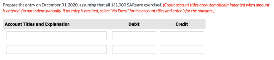 Prepare the entry on December 31, 2020, assuming that all 161,000 SARs are exercised. (Credit account titles are automaticall