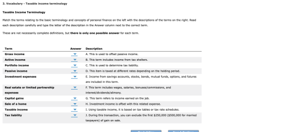 3. Vocabulary - Taxable income terminology Taxable Income Terminology Match the terms relating to the basic terminology and c