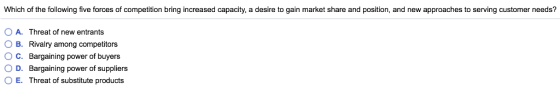 Which of the following five forces of competition bring increased capacity, a desire to gain market share and position, and new approaches to serving customer needs? O A. Threat of new entrants O B. Rivalry among competitors ° C. Bargaining power of buyers D. Bargaining power of suppliers OE. Threat of substitute products