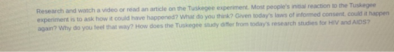 Research and watch a video or read an article on the Tuskegee experiment. Most peoples initial reaction to the Tuskegee expe