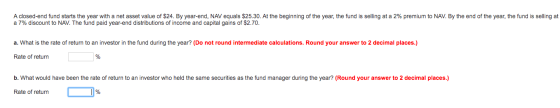 A closed-end fund starts the year with a net asset value of $24. By year-end, NAV equals $25.30. At the beginning of the year
