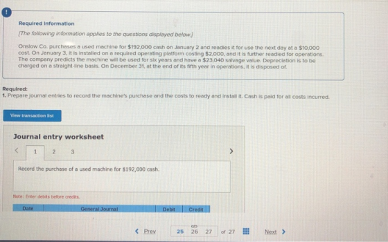 Required Information The following information applies to the questions displayed below.] Onslow Co. purchases a used machine