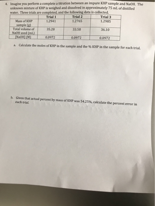 4. Imagine you perform a complete a titration between an impure KHP sample and NaOH. The unknown mixture of KHP is weighed an
