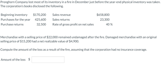 Pronghorn Company lost most of its inventory in a fire in December just before the year-end physical inventory was taken. The