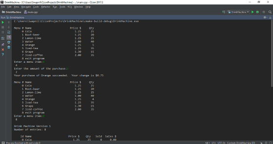 DrinkMachine [CAU Eile Edit View Navigate Code Refactor Run Iools VCS Window Help iNCLionProjectstDrinkMachine] - ..main.cpp