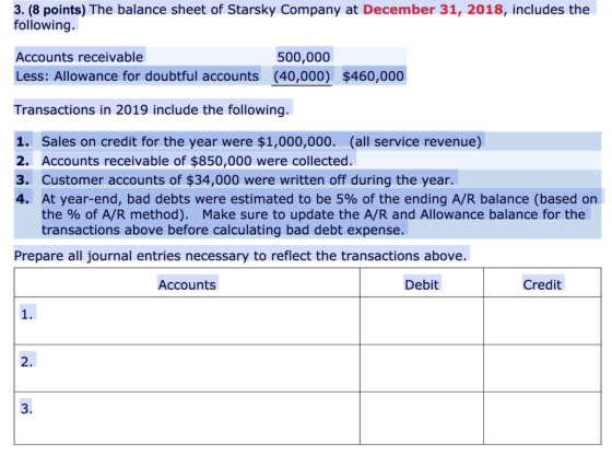 3. (8 points) The balance sheet of Starsky Company at December 31, 2018, includes the following. Accounts receivable 500,000