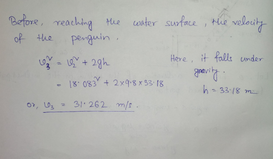 water surface, the relocity Before reaching the of the penguin Here, it falls under 8 = 0 +29h - 18.083 + 2x9.8x33:18 07,63 =