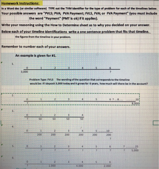 Homework Instructions: In a Word doc (or similar software) TYPE out the TVM identifier for the type of problem for each of the timelines below. Your possible answers are PVLS; PVA; PVA Payment; FVLS, FVA; or FVA Payment (you must include the word Payment (РМТЬ ok) if it applies). Write your reasoning using the How to Determine sheet as to why you decided on your answer Below each of your timeline identifications write a one sentence problem that fits that timeline. the figures from the timeline in your problem. Remember to number each of your answers. An example is given for #1. 3,000 Problem Type: FVLS The wording ofthe question that corresponds to the timeline would be: IfI deposit 3,000 today and it grows for 6 years, how much will there be in the account? 0 6 7 8 20! -- 8,0001 50 s0 50 50 10 200 200 200 200 200 200 5. 725 5,000 6. 1.000 4.000 2.000