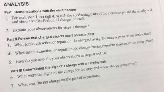 ANALYSIS Part I Demonstrations with the electroscope 1. For each step 1 through 4, sketch the conducting parts of the electroscope and the nearby rod, and show the distribution of charges on each. 2. Explain your observations for steps 1 through 5. Part II Forces that charged objects exert on each other 3. What force, attraction or repulsion, do charges having the same sign exert on each other? 4. What force, attraction or repulsion, do charges having opposite signs exert on each other? 5. How do you explain your observations in steps 9 and 10? Part IlI Determining the sign of a charge with a Faraday pail 6. What were the signs of the charge for the gray and white charge separators? 7. What was the net charge on the pair of separators?