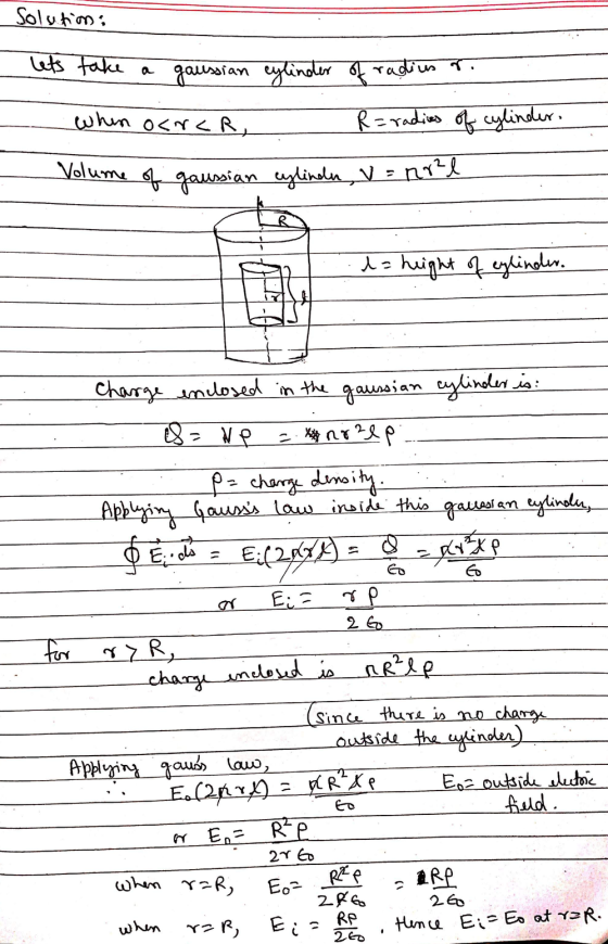 Solution: Lets take a gaussian cylinder of radius r. whin ocrcr, R=radies of cylinder, Volume of gaussian cylinder, V = nr²l