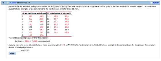 2 11 points MintroStat9 2.E.070. My Notes A study collected arm bone strength information for two groups of young men. The first group in the study was a control group of 15 men who are not baseball players. The table below gives the bone strengths of the dominant and the nondominant arms for those 15 men ID Nondominant Dominant ID Nondominant Dominant 15.7 25.2 17.8 19.1 12.0 20.0 12.2 14.5 16.3 26.9 10 18.6 11 22.0 12 14.9 13 19.7 14 13.2 15 17.6 15.8 13.7 17.7 15.5 14.5 14.1 12.2 20.1 18.6 18.6 15.3 16.2 15.0 12.8 The least-squares regression line for these data is dominant- 2.853(0.929 x nondominant) A young male who is not a baseball player has a bone strength of 17.0 cm/1000 in his nondominant arm. Predict the bone strength in the dominant arm for this person. (Round your answer to one decimal place.) cm4/1000 eBook