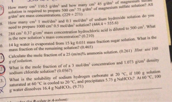 9. 0. JL How many cm 110.5 g/dm and how many cm 45 g/dm of magnesium sulate solution is required to prepare 500 cm3 75 a/dm o