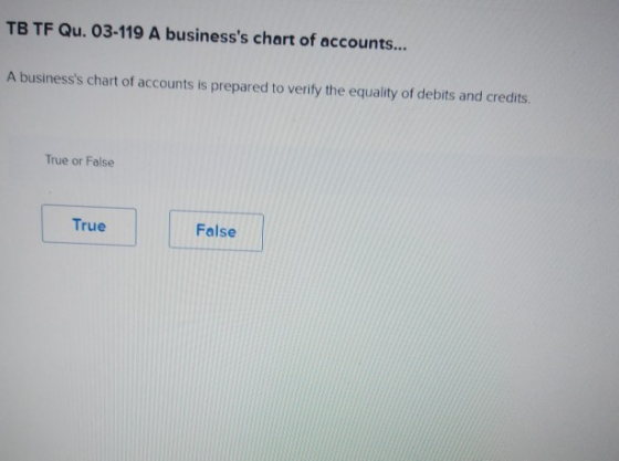 TB TF Qu. 03-119 A businesss chart of accounts... A businesss chart of accounts is prepared to verify the equality of debit