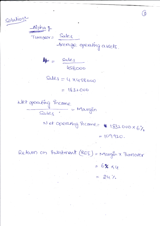 Solutions Alpha & Turnover Sales Average operating atlets. 4 = sales 458000 Sales - 4x458000 = 1832 000 Net operating income
