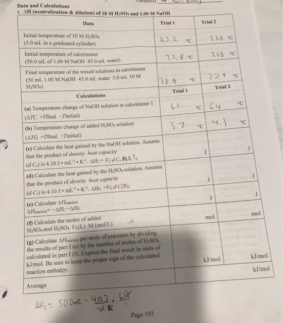 Data and Calculations 1. AH (neutralization & dilution) of 10 M H:SO4 and 1.00 M NaOH Keain Data Trial 1 Trial 2 Initial temp