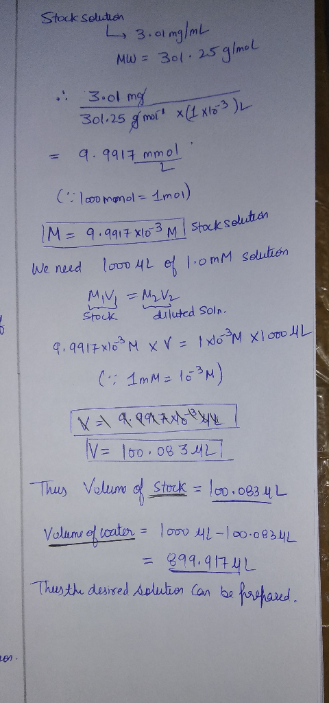 Stock Solution L 3.01 mg/mL MW = 301.25 g/mol 3.0 mg 301.25 g more x (1 xlo 3) L = 9.9917 mmol Clcoomomol = 1mol) TM=9.9917 X