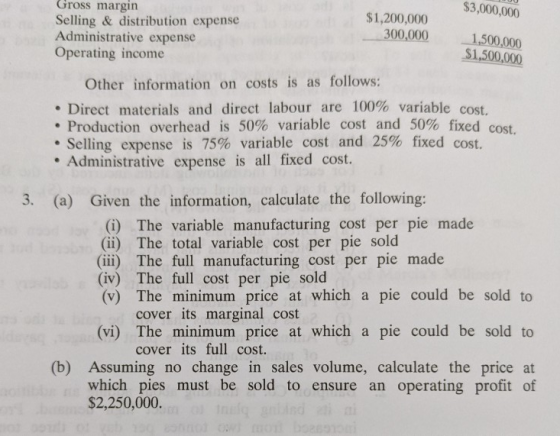 $3,000,000 Gross margin Selling & distribution expense Administrative expense Operating income $1,200,000 300,000 1,500,000 $