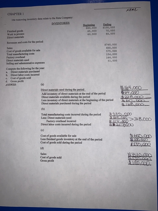 CHAPTER 1 The following inventory data relate to the Reta Company: INVENTORIES Beginning $80,000 65,000 60,000 Ending $100,00