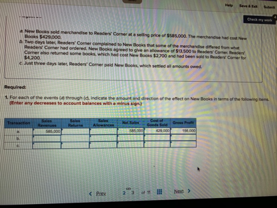 Help Save & Exit Submit Check my work a. New Books sold merchandise to Readers Corner at a selling price of $585,000. The me