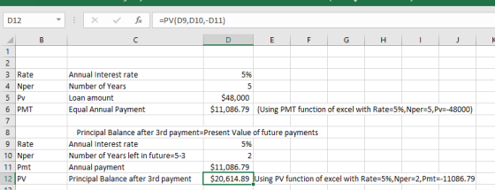 012 : X fic =PV(09,010,-011) D B E F G H I 5% Annual Interest rate Number of Years Loan amount Equal Annual Payment $48,000 $