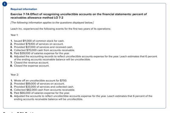 Required information Exercise 7-7A Effect of recognizing uncollectible accounts on the financial statements: percent of recei