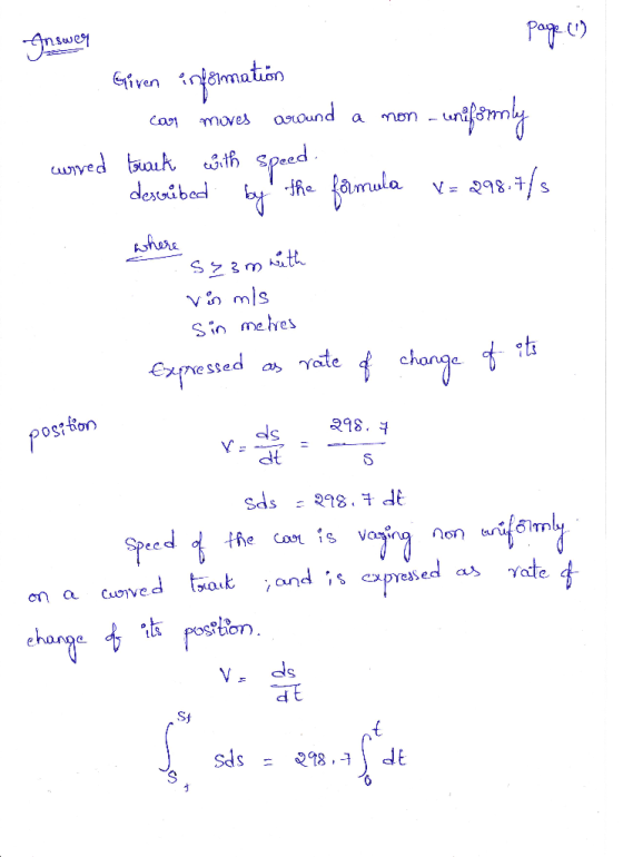 Answeg A Page (1) Given information can moves arund a non-uniformly curred truck with speed. described by the formula V = 229