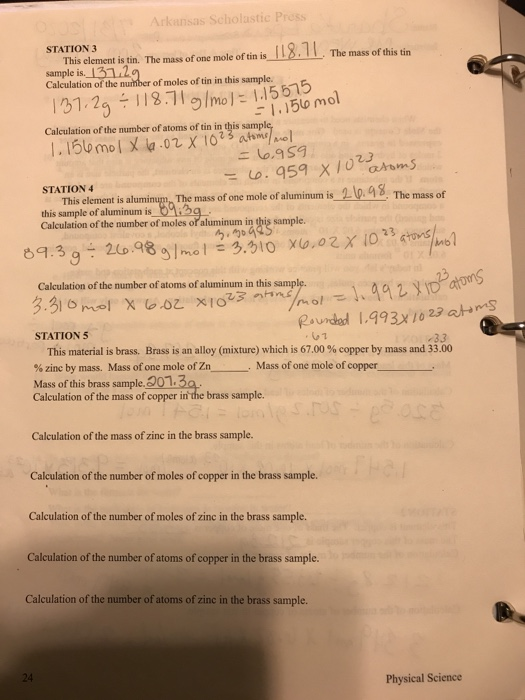 1.156 mol Arkansas Scholastic Press STATION 3 This clement is tin. The mass of one mole of tin is 118.71. The mass of this ti