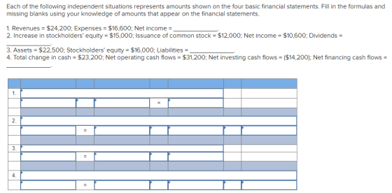 Each of the following independent situations represents amounts shown on the four basic financial statements. Fill in the for