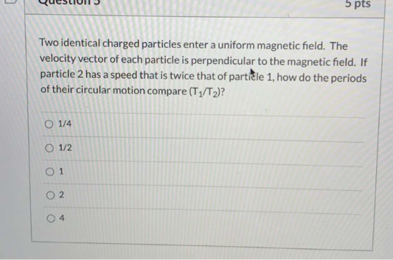 5 pts Two identical charged particles enter a uniform magnetic field. The velocity vector of each particle is perpendicular t