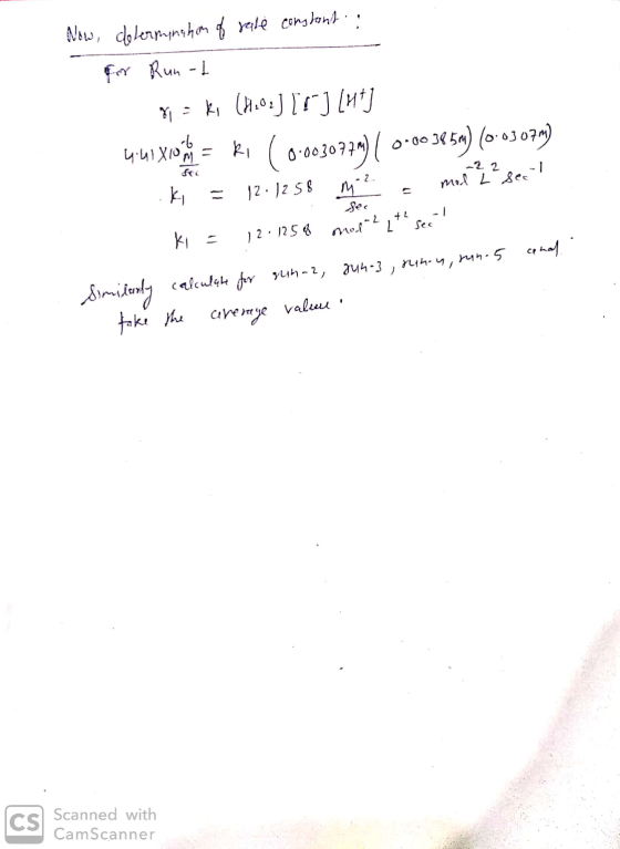 Now, dolermination of rale constant for Runnt 71 - K (1202] [7] [47] 40 xVm= R (0.003027m) ( 0-60385M) (0-0307m) Ky = 12.1258