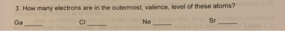 3. How many electrons are in the outermost, valence, level of these atoms? Sr Ne Ga CI e 1 A
