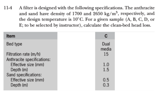 A filter is designed with the following specifications. The anthracite and sand have density of 1700 and 2650 kg/m3, respectively, and the design temperature is 10°C. For a given sample (A, B, C, D, or E; to be selected by instructor), calculate the clean-bed head loss 11-4 Item Bed type Filtration rate (m/h) Dual media 15 Anthracite specifications: Effective size (mm) Depth (m) 1.0 1.5 Sand specifications: Effective size (mm) Depth (m) 0.5 0.3
