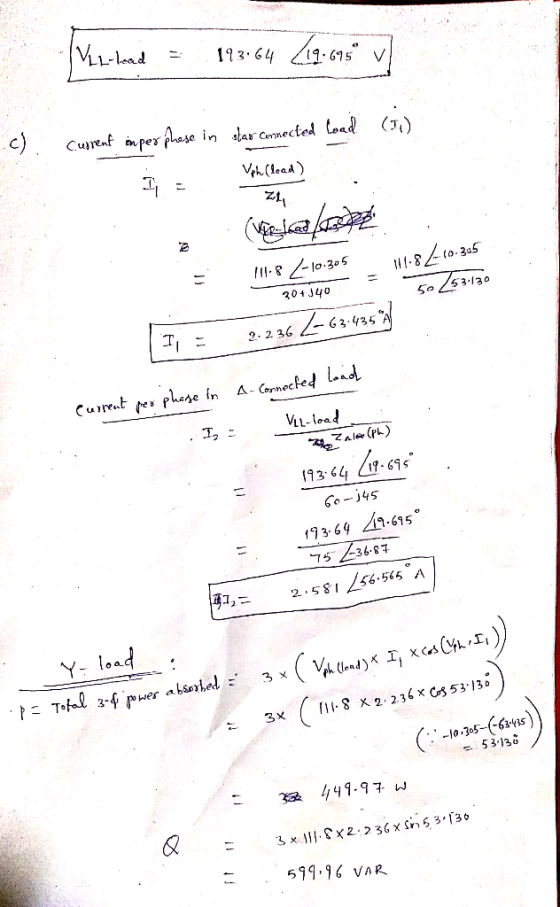 Viz-lead = 19364 219.095 v c) cureat imper phase in dar conected load (5) I Vph (lead) ZA (volela 111.8 2-10.305 14.8410.305