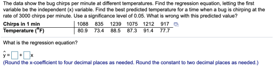 The data show the bug chirps per minute at different temperatures. Find the regression equation, letting the first variable b