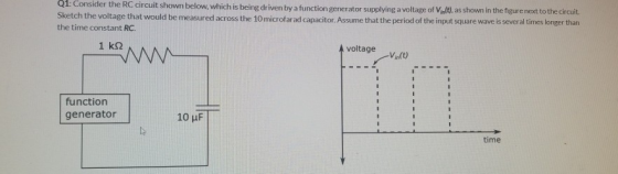Q1: Consider the RC circuit shown below, which is being driven by a function generator supplying a voltage of Vin(t), as show