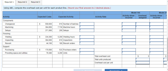 Required 1 Required 2 Required 3 Using ABC, compute the overhead cost per unit for each product line. (Round your final answe