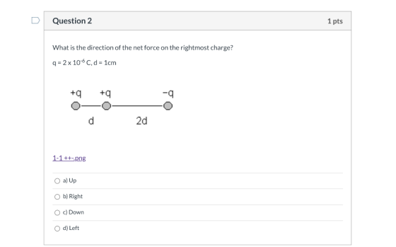 Question 2 1 pts What is the direction of the net force on the rightmost charge? q = 2 x 10-6C, d = 1cm + + - 2d 1-1 ++-.png