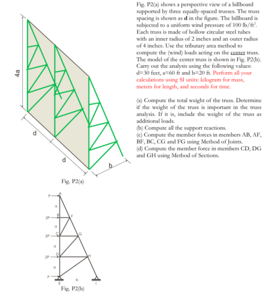 Fig. P2(a) shows a perspective view of a billboard supported by three equally-spaced trusses. Te truss spacing is shown as d in the figure. The billboard is subjected to a uniform wind pressure of 100 lb/ft Each truss is made of hollow circular steel tubes with an inner radius of 2 inches and an outer radius of 4 inches. Use the tributary arca meth compute the (wind) loads acting on the center truss. The model of the center truss is shown in Fig. P2(b) Carry out the analysis using the following values: d=30 feet, a=60 ft and b-20 ft. Perform all your calculations using SI units: kilogram for mass, meters for length, and seconds for time. od to (a) Compute the total weight of the truss. Determine if the weight of the truss is important in the truss analysis. If it is, include the weight of the truss as additional loads. b) Compute all the support reactions (c Compute the member forces in members AB, AF BF, BC, CG and FG using Method of Joints. (d) Compute the member force in members CD, DG and GH using Method of Sections. Fig. P2(a) Fig. P2b)