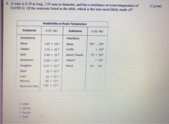 4. A wire is 6.50 m long, 2.05 mm in diameter, and has a resistance at room temperature of 00290 Ω Of the materials listed in the table, which is the wire most likely made of? ( poin) Resistivities at Room Temperature Substance | ρ(Ω.m) Conductors Silver Copper Gold Aluminum Tungsten Steel Lead Mercury Nichrome alloy 100x 10 Substance | ρ (Ω·m) Insulators 147 x 10- Glass 1.72 x 10-8Lucite 2.44 x 10-1 Quartz (fused) | 75 x 10% ; 2.63×10-8 | Teflono 551 x 10 Wood 1010 104 s 1013 s 103 10 10 20 x 10- 22 x 10 95 x 10 o steel e silver O lucite 兼lead