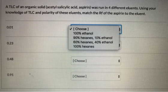 A TLC of an organic solid (acetyl salicylic acid, aspirin) was run in 4 different eluents. Using your knowledge of TLC and po