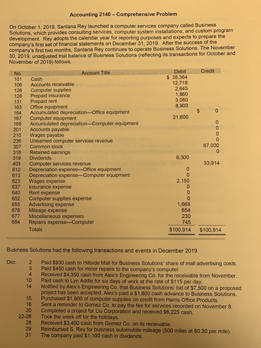 Accounting 2140 - Comprehensive Problem On October 1, 2019, Santana Rey launched a computer services company called Business