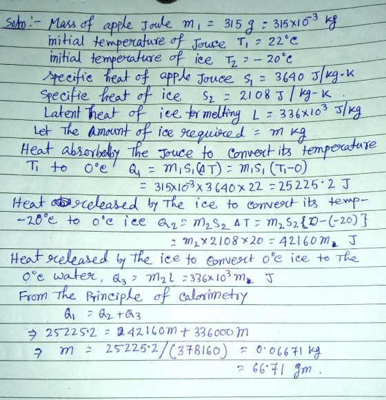 Sem-Mass of apple Jouke mi imitial temperature of Jouce T 22°c initial temperature of ice T-20c pecific heat ot apple Jouce