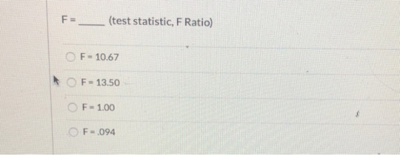 F=(test statistic, F Ratio) F= 10.67 F = 13.50 OF = 1.00 $ F-.094