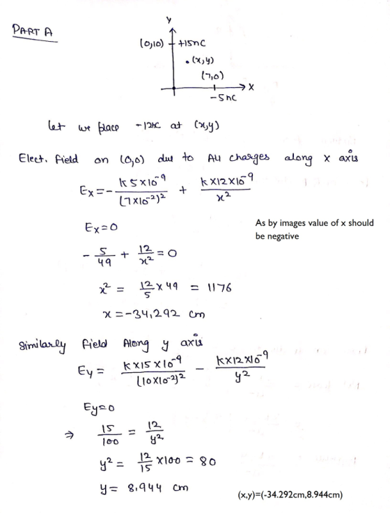 PART A Elect. Field on UOjo) dui to Au Chasjex alonj x aru As by images value of x should be negative S12 49 12x9 - 1176 Simi Pield ilong J ax 12, loo (x.y)-(-34.292cm,8.944cm)