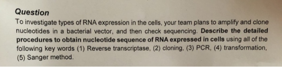 Question To investigate types of RNA expression in the cells, your team plans to amplify and clone nucleotides in a bacterial